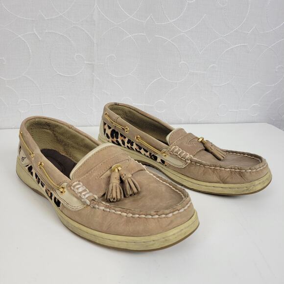 Sperry Womens Shoes 9M Light Brown‎ Leather Top-siders Animal Print Tassel Front - Picture 1 of 9